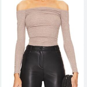 Michael Costello x Revolve Jace Off The Shoulder Bodysuit Taupe Size M